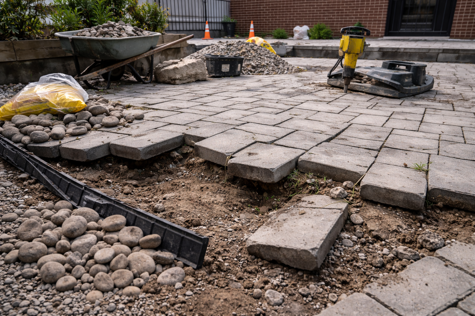 Uneven paver patio in NYC showing sinking stones, exposed base gravel, and failed edge restraint caused by improper installation and poor compaction