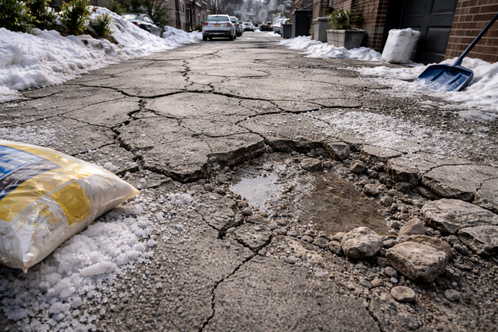 NYC driveway failure after winter showing cracked concrete, potholes, and salt damage caused by freeze-thaw cycles and poor drainage