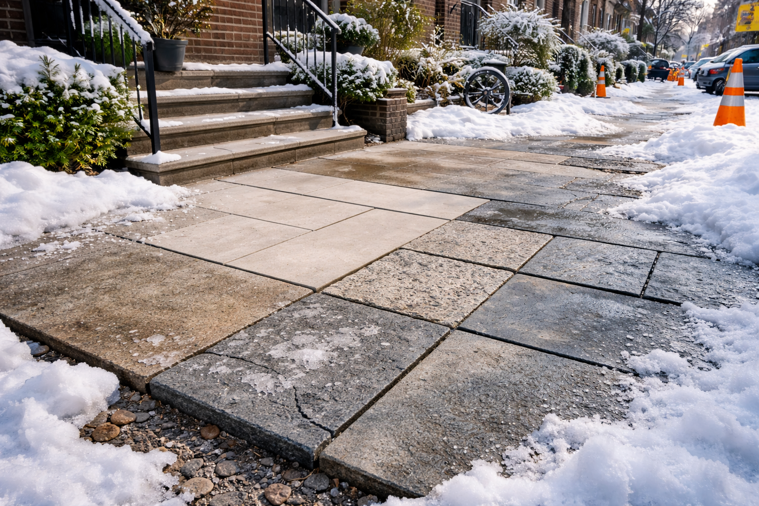 Freeze-thaw resistant pavers on NYC patio in winter