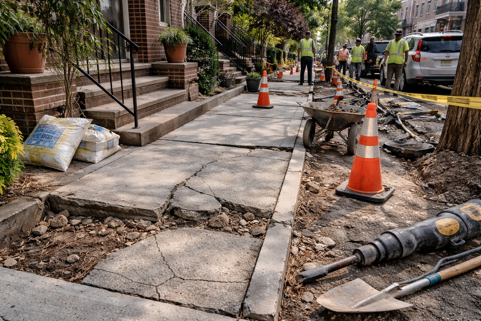 Concrete sidewalk repair in a residential neighborhood in Queens NYC with workers replacing cracked sidewalk slabs to meet NYC DOT safety requirements