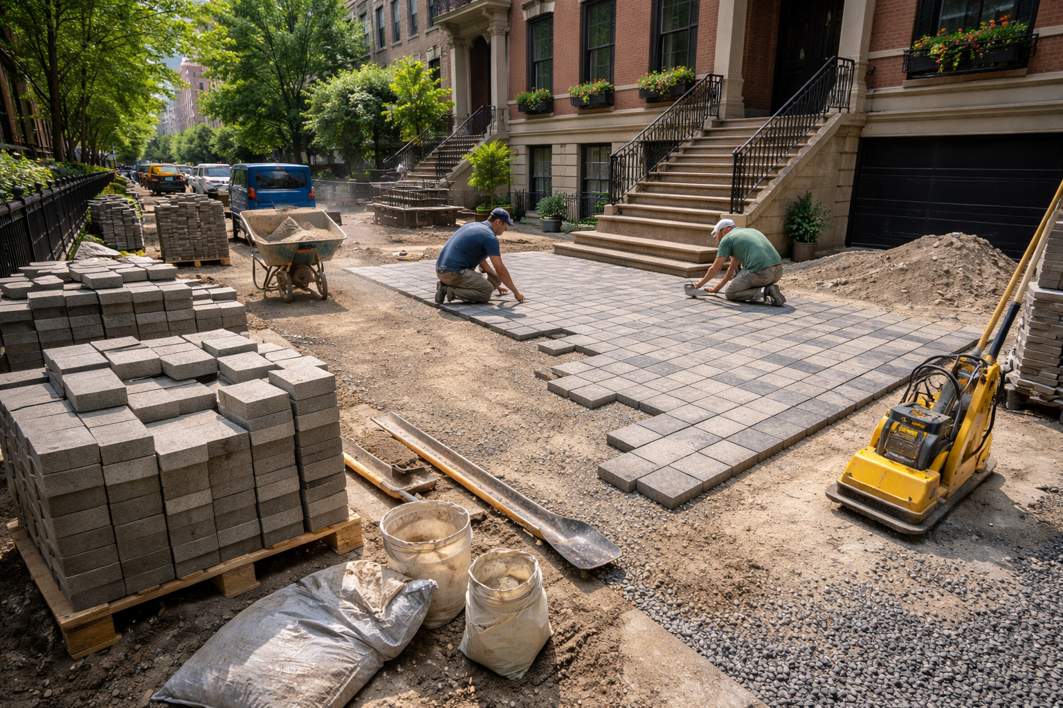 Workers installing concrete pavers on a NYC driveway with stacked materials, sand base, and compactor equipment, showing cost-efficient paver installation process
