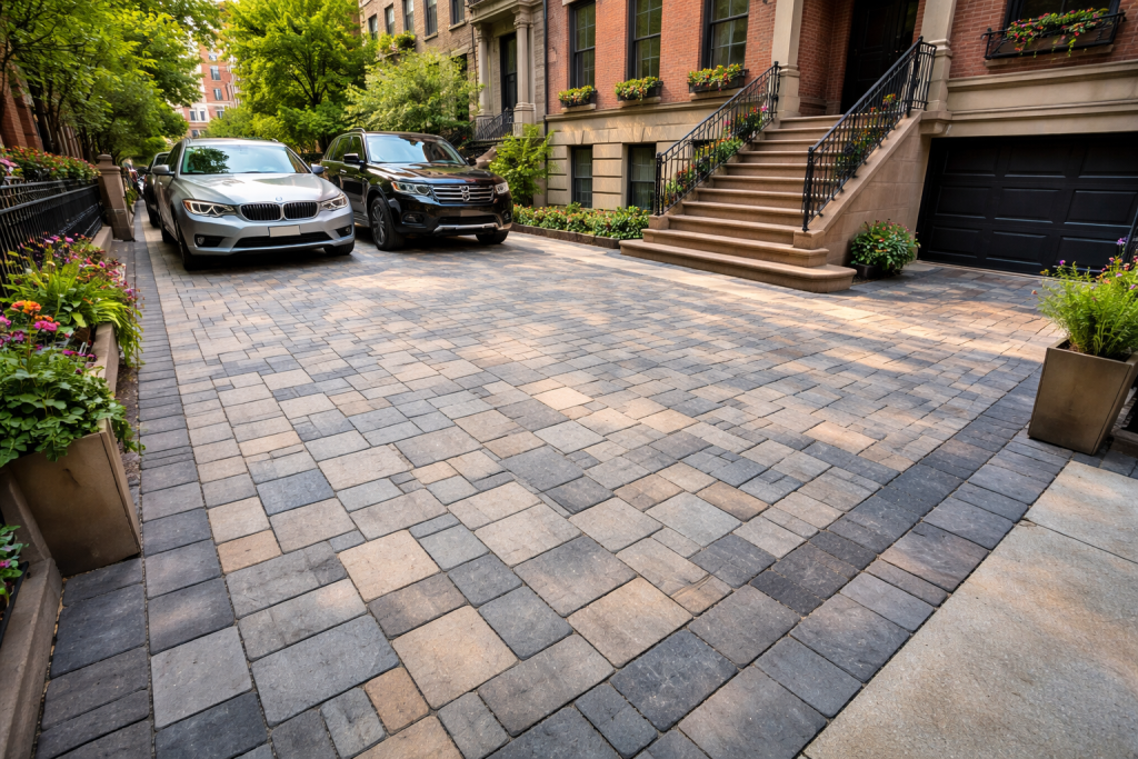 NYC paver driveway with townhouse and cars