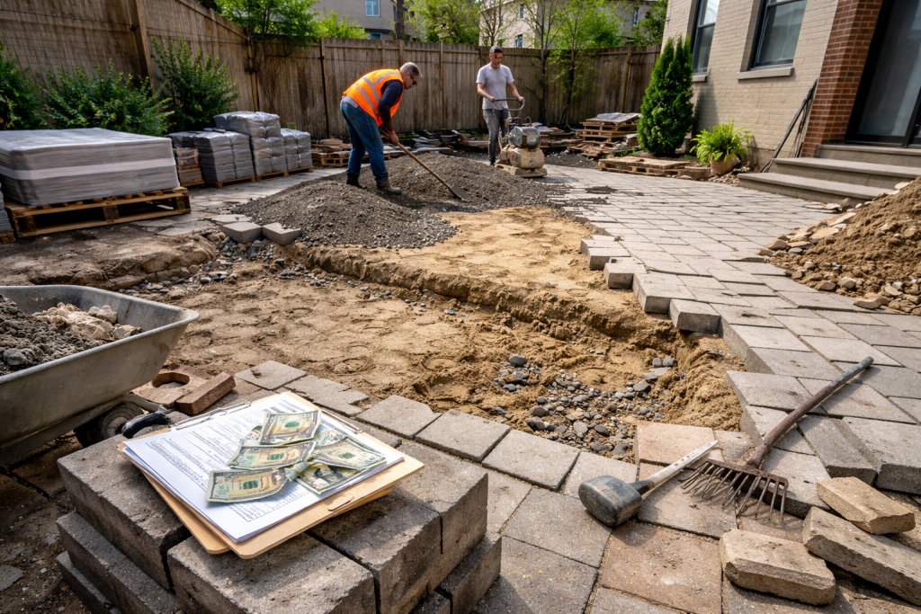Paver installation site in NYC showing poor base preparation, uneven layers, and construction mistakes that lead to higher project costs