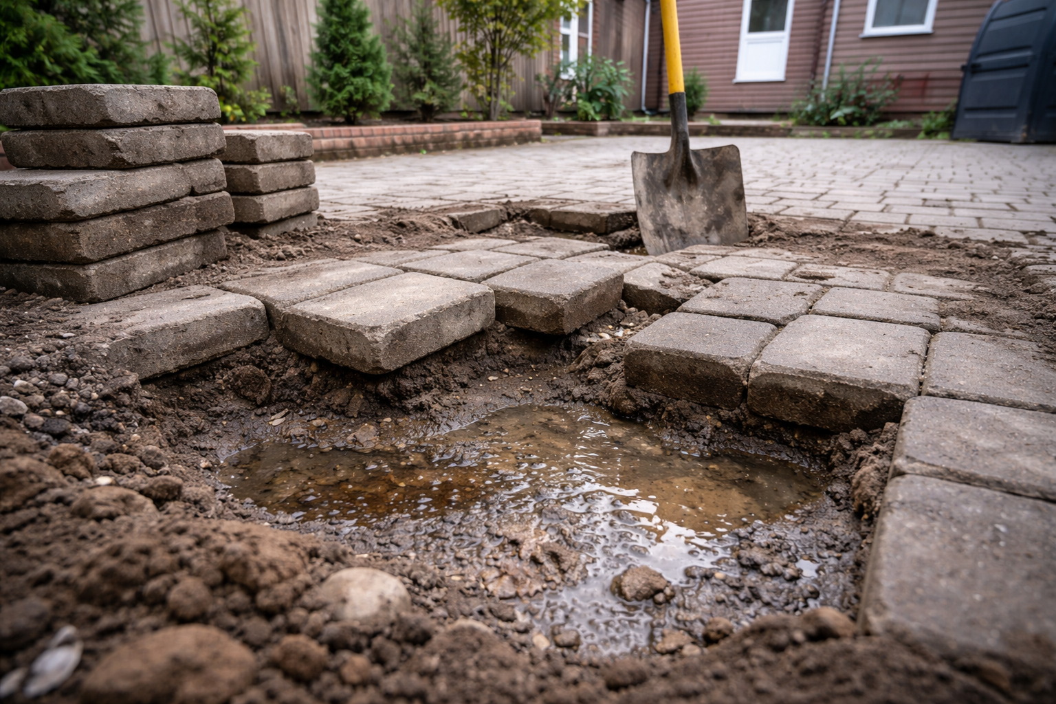 Sunken pavers with waterlogged soil underneath