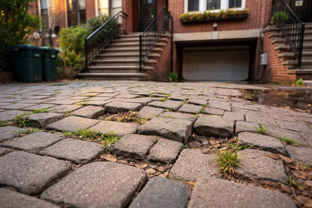 Damaged paver driveway in NYC with sunken bricks, weeds between joints, and uneven surface caused by poor installation and drainage failure