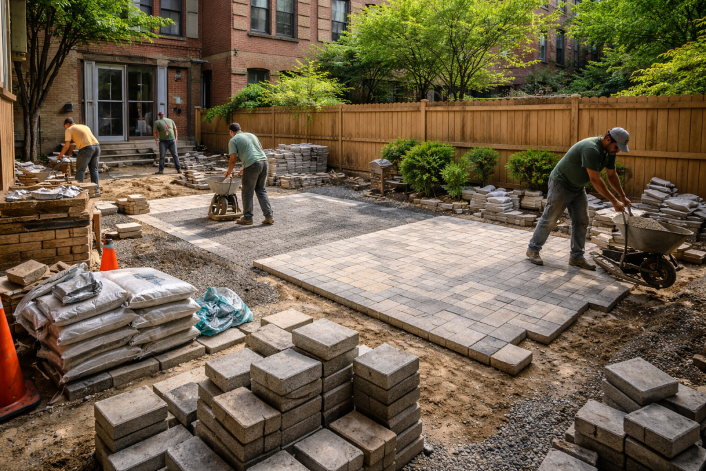 NYC backyard paver installation showing workers preparing base layers, stacking materials, and installing patio stones in a tight urban space highlighting real paver cost NYC factors
