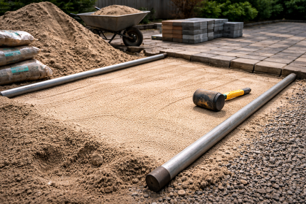 Paver installation showing a leveled 1-inch sand base over compacted crushed stone with screeding rails, demonstrating correct sand depth for pavers