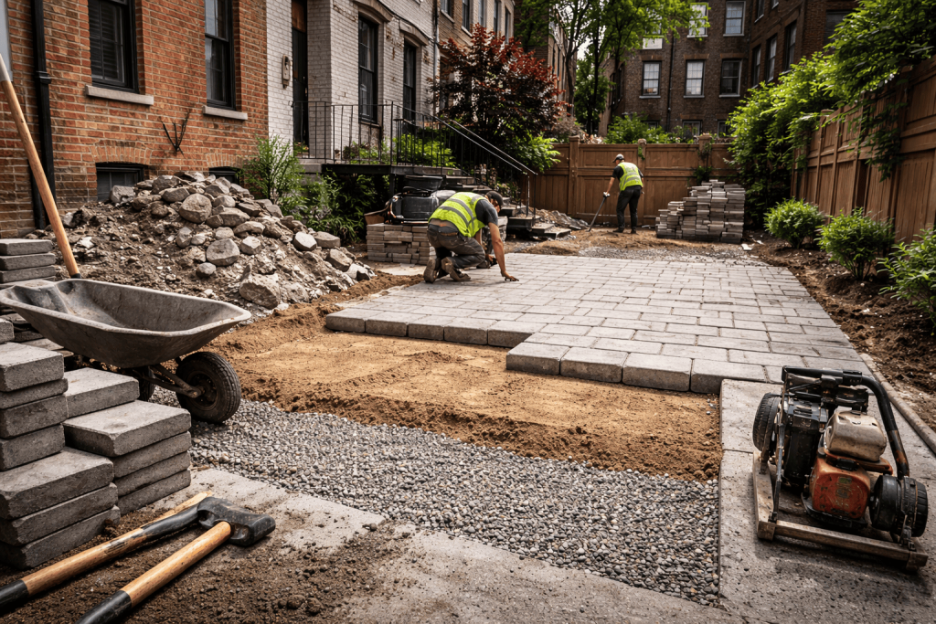 Paver installation in Brooklyn backyard showing workers laying patio with gravel base, sand layer, and tight urban access between brownstones