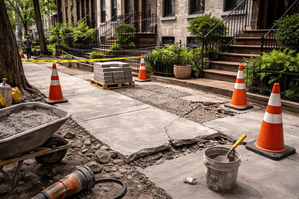 NYC sidewalk repair with cracked concrete and cones