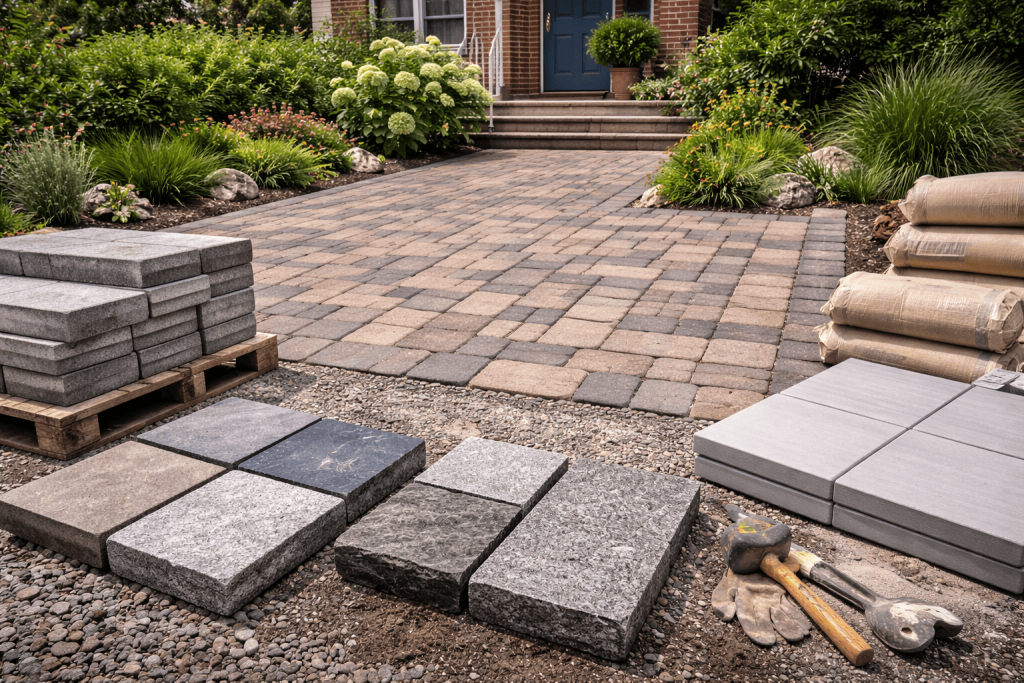 Durable driveway pavers installed at a Queens home showing concrete and natural stone options built to handle harsh NYC weather and freeze-thaw cycles
