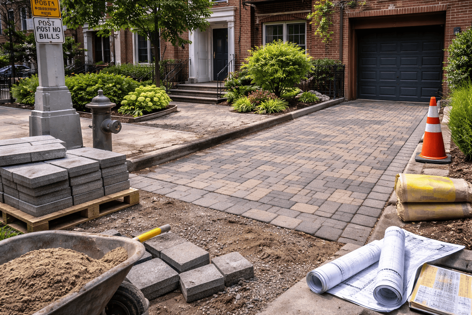 NYC driveway installation in progress with curb cut, paver base preparation, and sidewalk area showing compliance with NYC driveway rules and permits