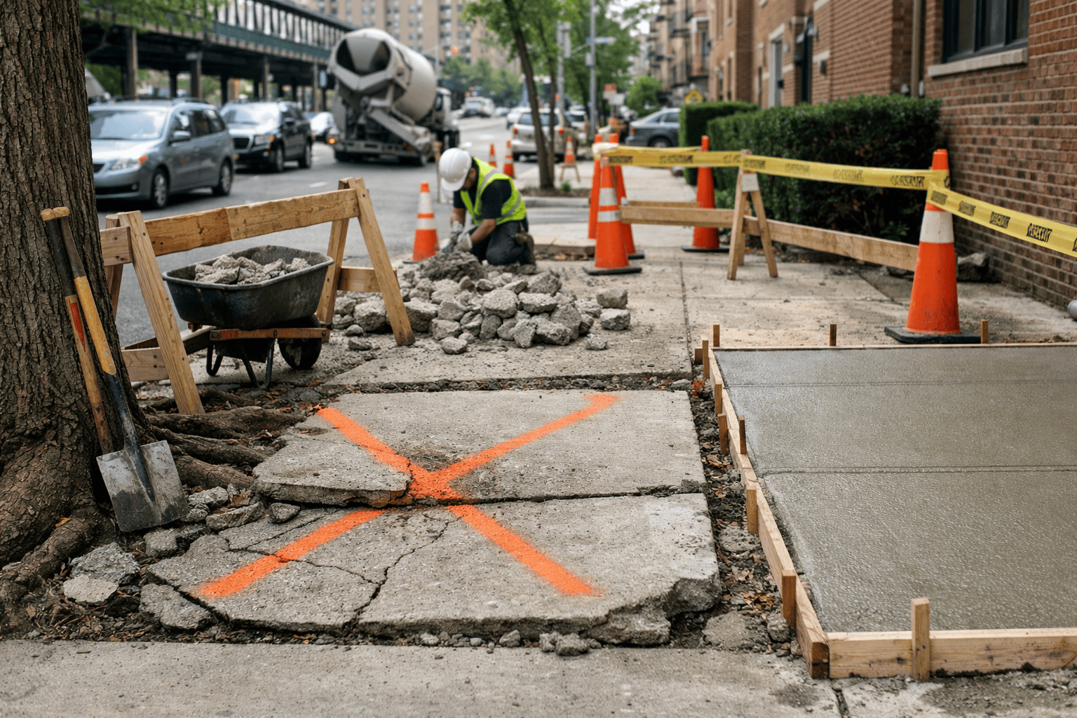Bronx sidewalk repair with fresh concrete and marked cracked slabs