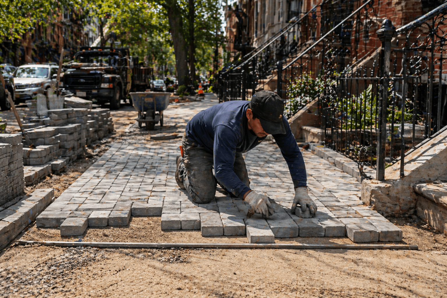 Brooklyn paver contractor installing interlocking pavers on a residential walkway in front of brownstone-style homes