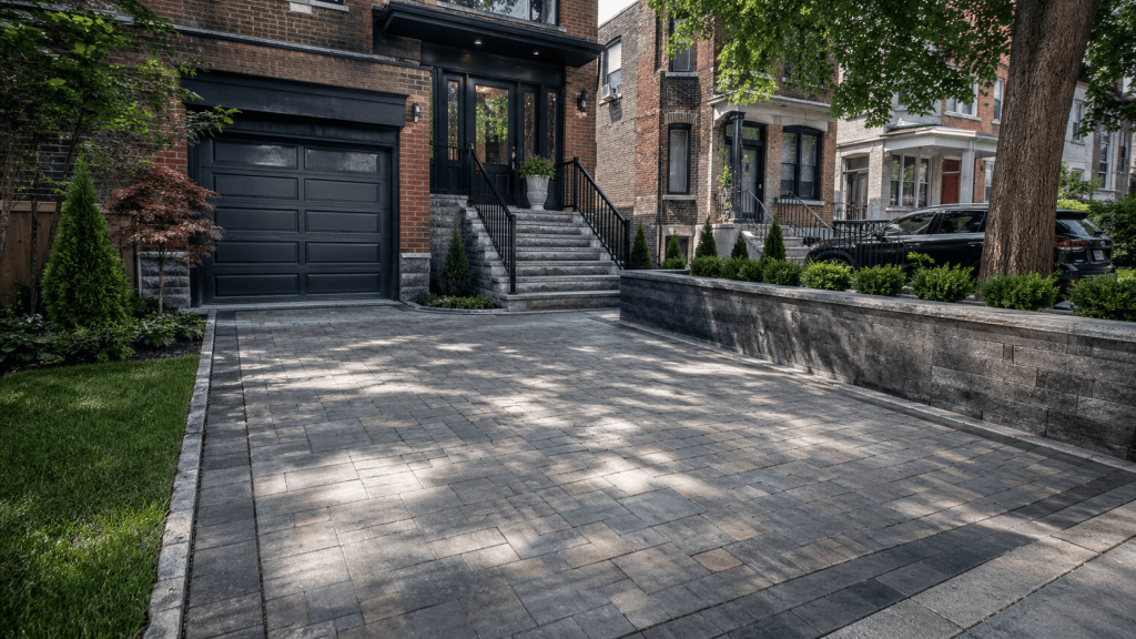 Driveway paving in Brooklyn NY with modern interlocking pavers, clean edging, and a finished residential driveway in front of a brick home