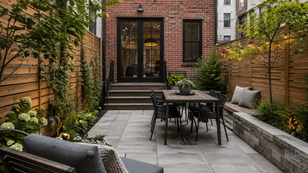 Small backyard patio in Brooklyn with modern pavers, built-in seating, layered planting beds, and a compact outdoor dining area between privacy fences