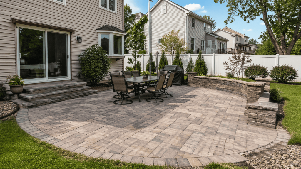 Staten Island paver patio with dining area and sitting wall