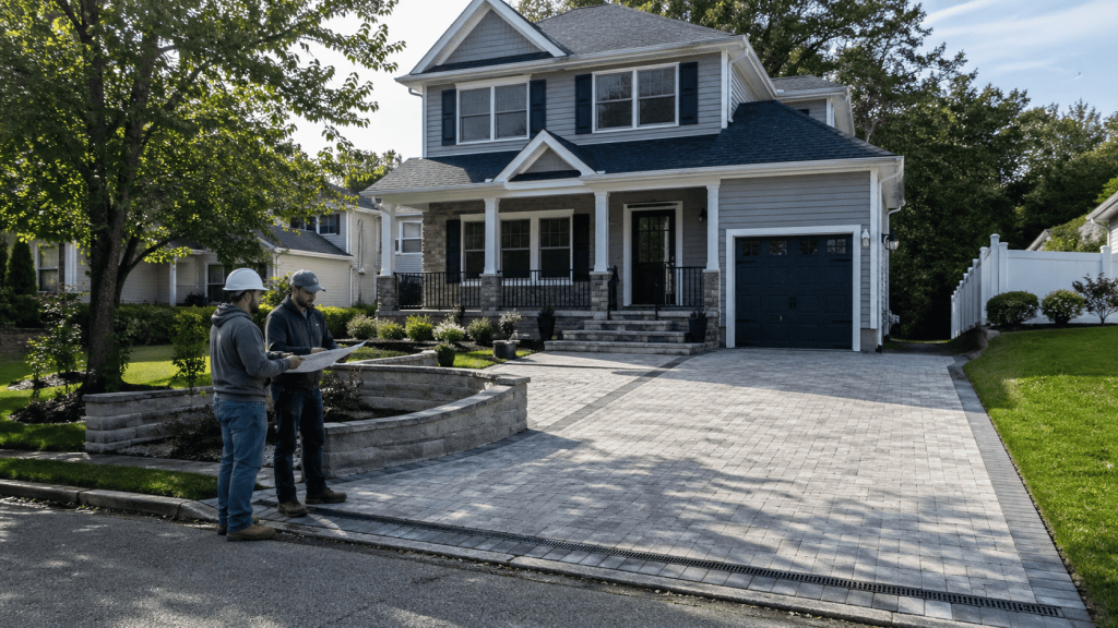 Driveway contractors reviewing plans beside a finished paver driveway at a Staten Island home with proper drainage and clean edging