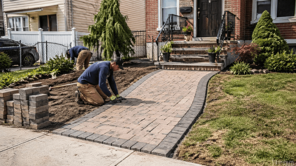 Walkway paver installation in Queens NY with workers laying interlocking pavers along a curved front path leading to a residential stoop