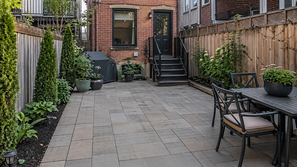 Affordable patio pavers in Brooklyn with a clean rectangular layout, simple concrete-style pavers, and a compact backyard design with dining space