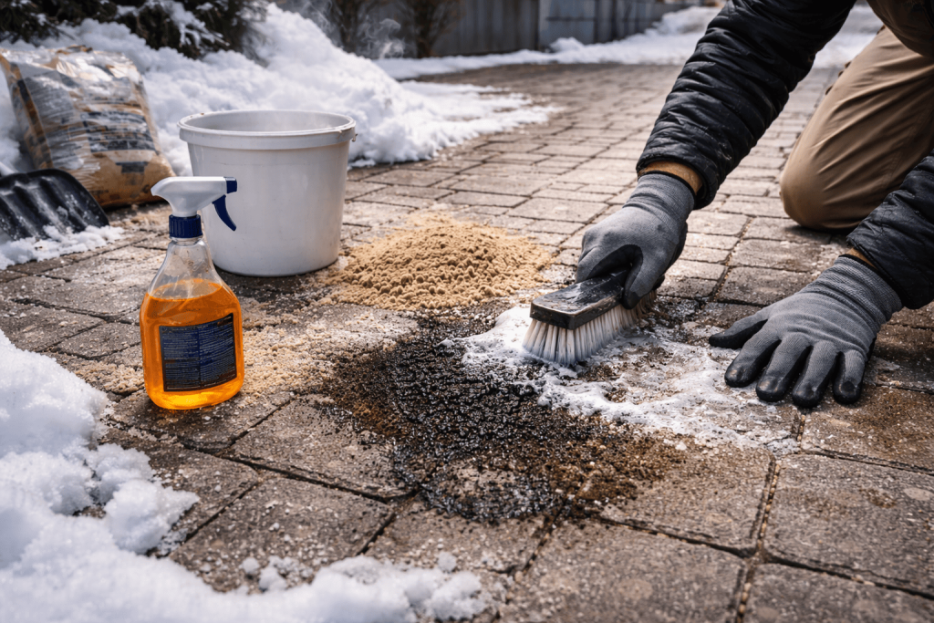 Removing oil stains from pavers NYC in winter
