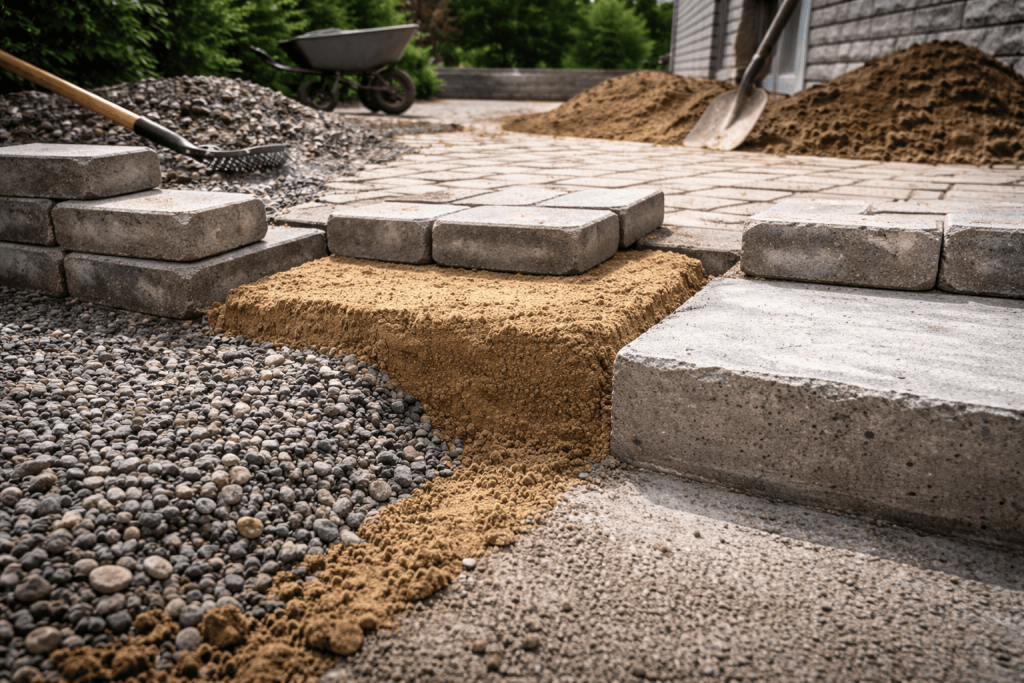 Paver installation showing gravel base, sand bedding, and concrete slab comparison for best base for pavers in NYC climate