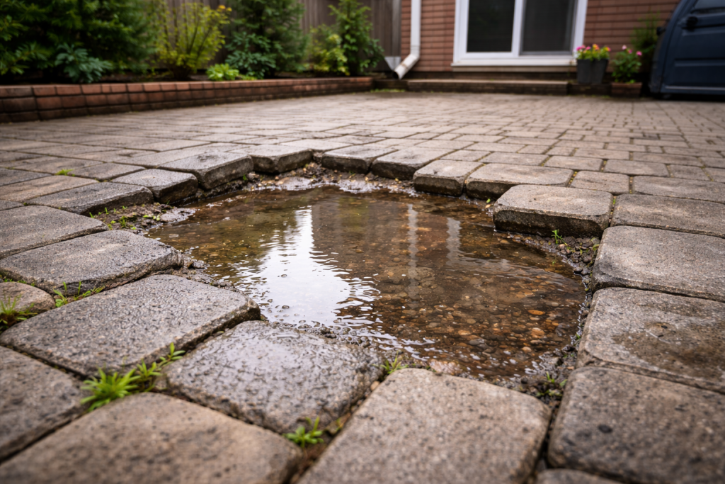 Water pooling on patio with sunken pavers