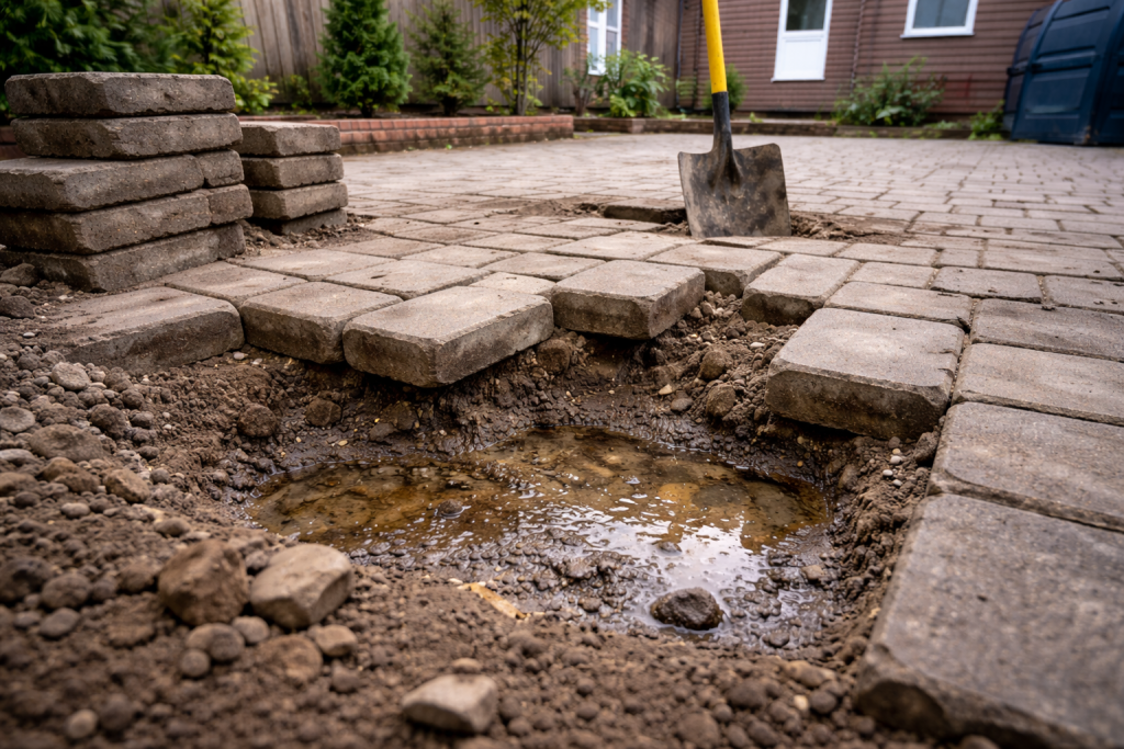Uneven pavers with waterlogged soil underneath