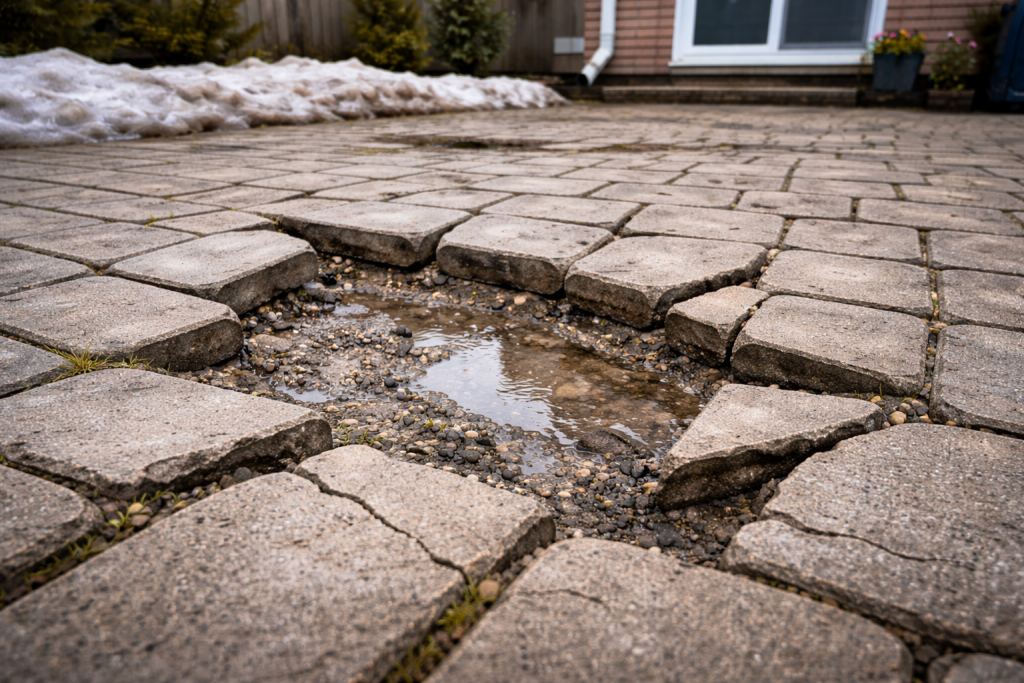 Cracks in pavers after winter NYC driveway showing broken bricks, surface damage, and gaps caused by freeze-thaw cycles and trapped moisture