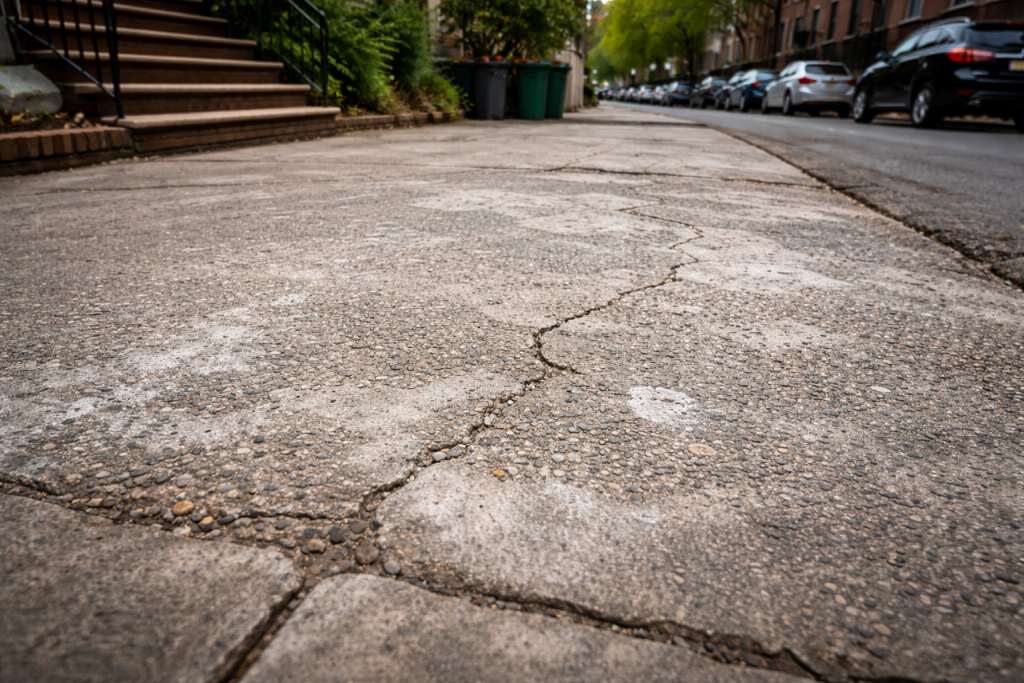 NYC driveway looks old after 1 year with visible cracks, surface wear, and salt damage on concrete in a residential street