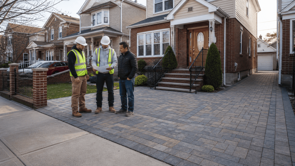 Homeowner meeting with paver contractors in a Queens driveway, reviewing plans beside a newly installed paver surface at a residential home