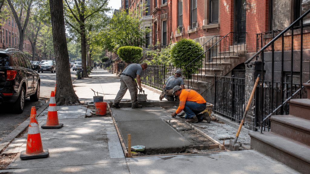 Sidewalk repair crew replacing damaged concrete slabs on a Brooklyn residential block, showing active sidewalk work beside brownstone-style homes