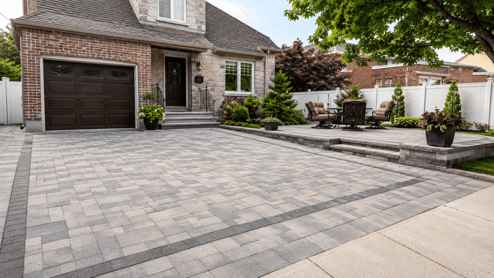 Bluestone patio and landscaped outdoor paving area