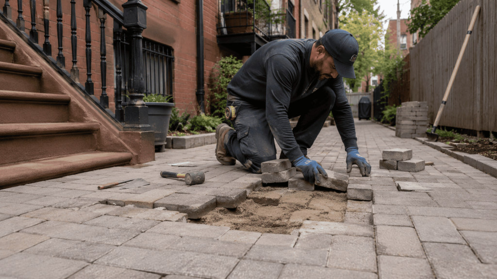 Worker lifting and resetting sunken pavers on a New York City patio walkway, showing how uneven pavers are repaired after base failure and settling