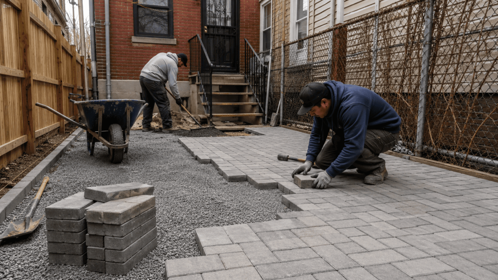 Workers installing standard concrete pavers over a compacted gravel base in a narrow NYC backyard, showing a cost-conscious patio installation in progress
