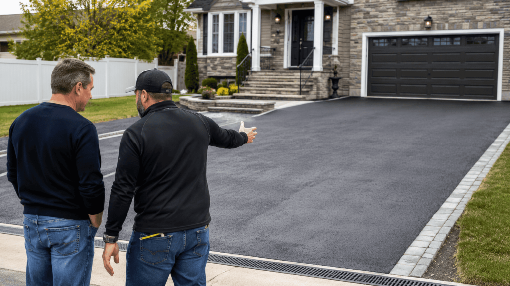 Homeowner speaking with a driveway contractor beside a newly finished asphalt driveway at a Staten Island home, showing the kind of residential project homeowners compare when hiring