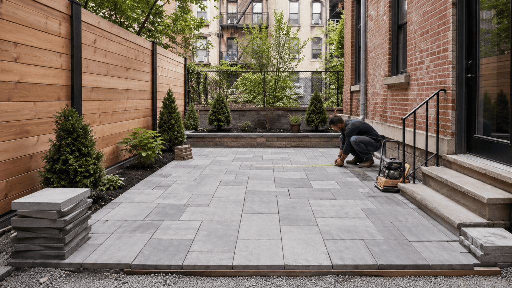 Workers installing a new paver patio in an NYC backyard, showing the kind of project featured in this patio paver cost per square foot in NYC guide