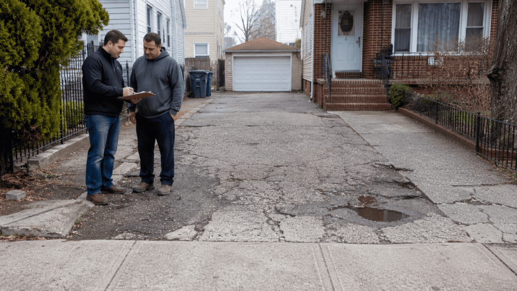 Homeowner reviewing a driveway estimate beside a cracked and uneven NYC driveway, showing the kind of damage that often leads to a new driveway project