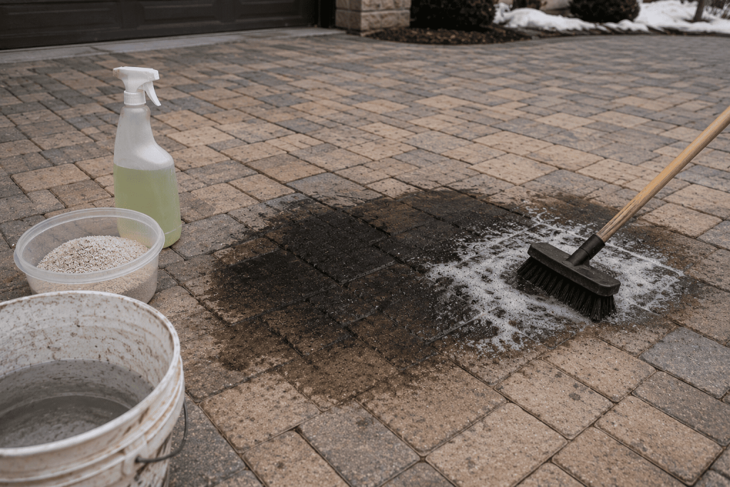Oil stain being cleaned from stone pavers on a driveway with degreaser, absorbent material, and brush in cold NYC weather