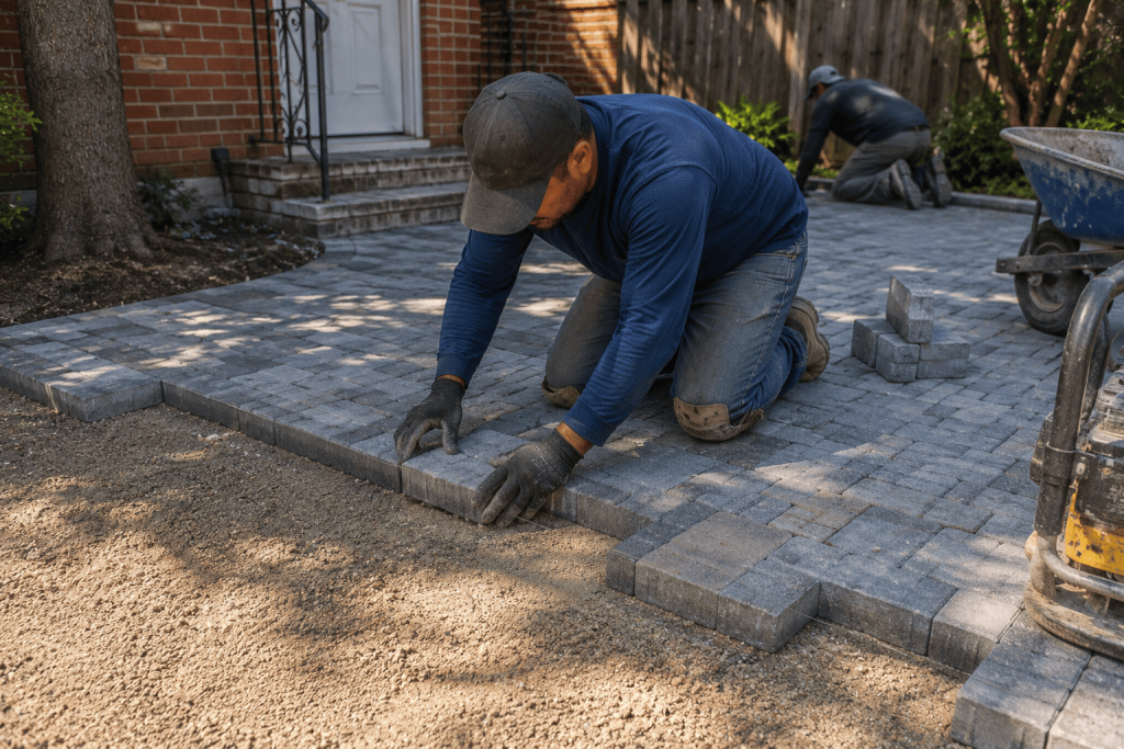 Cheapest way to install pavers in NYC shown through a simple concrete paver installation with a contractor laying pavers on a properly prepared residential base