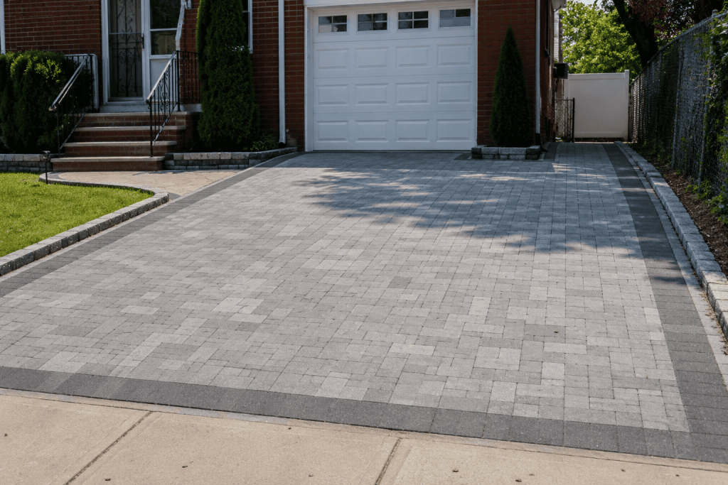 New driveway installation in NYC featuring a finished concrete paver driveway in front of a residential home with a clean border and smooth surface