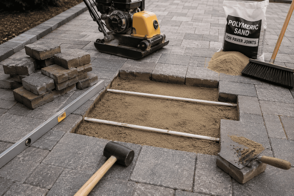Too much sand under pavers shown during a paver repair, with lifted pavers, exposed bedding sand, screed pipes, and tools prepared for resetting the surface