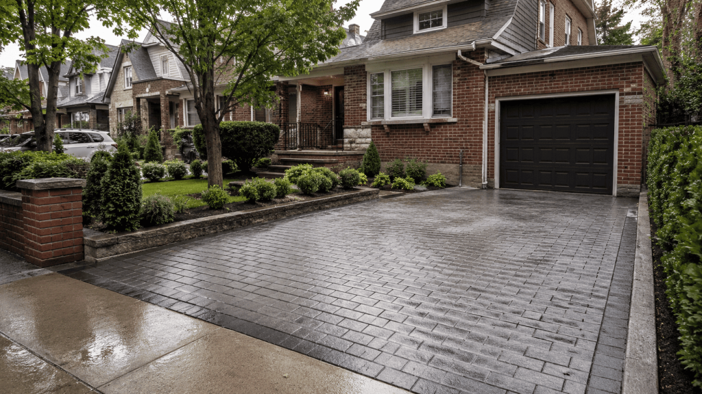 Permeable driveway pavers in Queens installed on a residential driveway after rain, showing a clean surface with no standing water