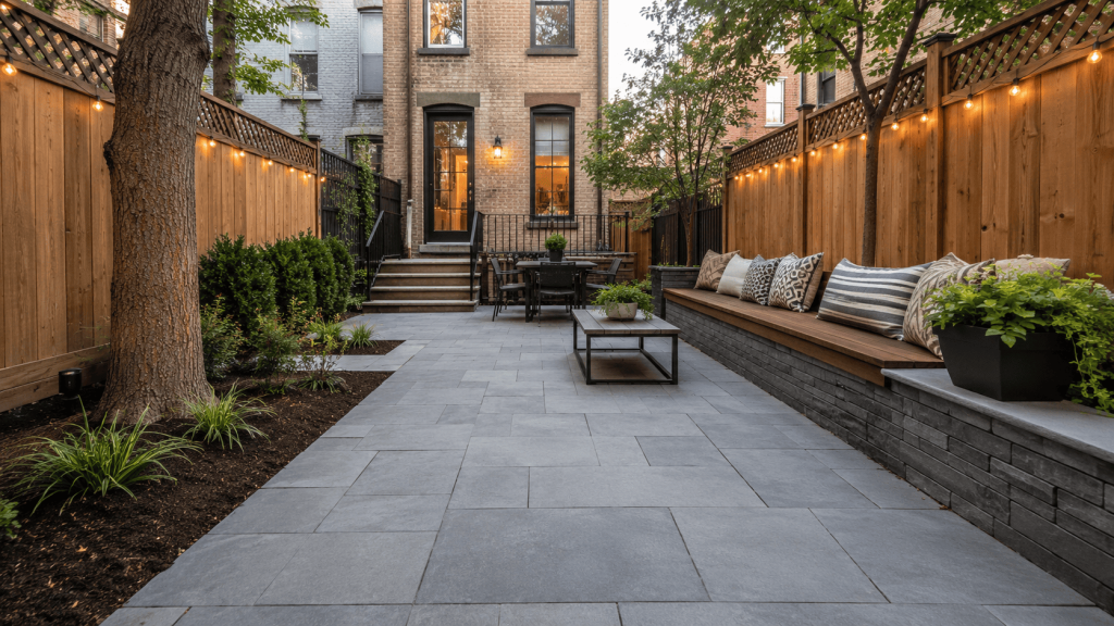 Backyard pavers in Queens shown in a small residential yard with large-format patio pavers, built-in seating, and clean modern landscaping