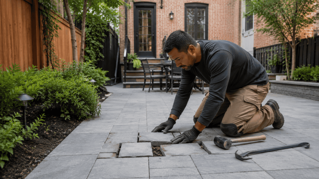 A contractor repairing sinking and uneven pavers on a backyard patio in Queens, with loose stone pavers being reset for a safer, level surface.