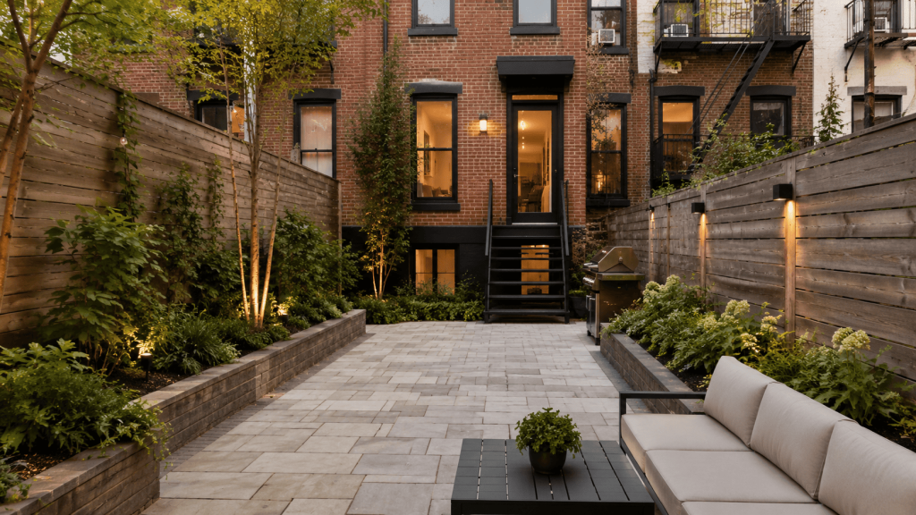 Brooklyn backyard pavers installed in a narrow brownstone yard with raised planters, wood fencing, outdoor seating, and a clean stone patio layout.