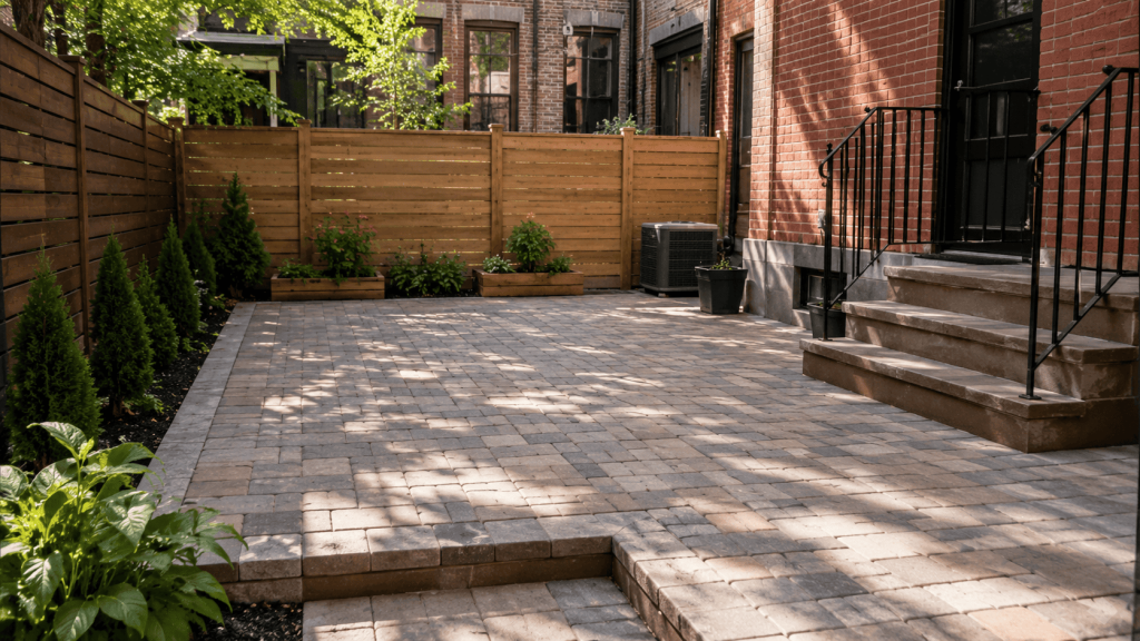A newly installed paver patio in a small Brooklyn backyard with brick row home walls, wood fencing, garden beds, and clean patio steps.