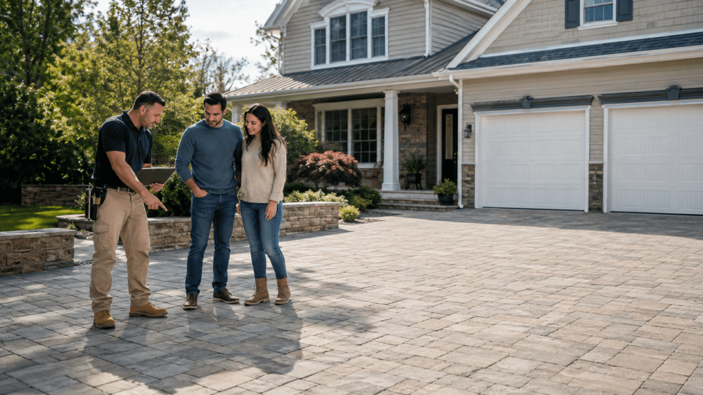 A paver contractor in Staten Island reviewing a finished driveway with homeowners outside a suburban home, showing professional project planning and paver installation quality.