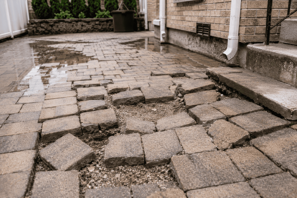 Damaged paver patio beside a house with sunken sections, shifted blocks, exposed base material, and standing water, showing the kind of failure caused by cheap paver work in NYC