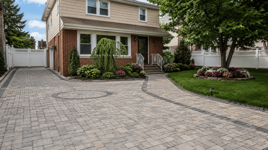 Concrete pavers in Queens installed across a clean residential driveway and front walkway, with decorative border patterns, landscaping, and a well-maintained home exterior.
