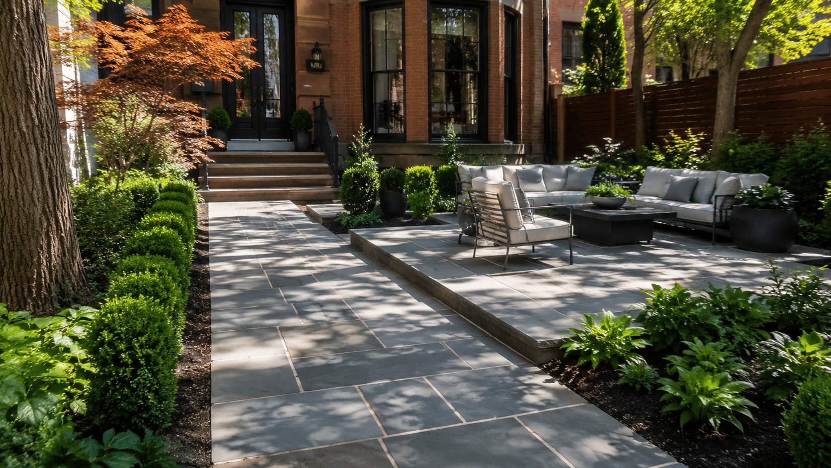 Natural stone pavers in NYC used for a backyard patio and walkway, featuring gray stone slabs, garden landscaping, outdoor seating, and a brick home exterior.